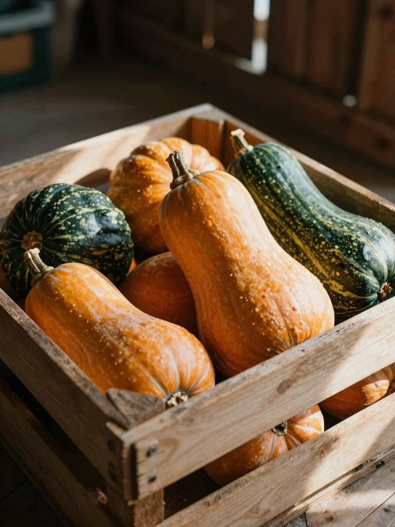 A rustic wooden crate overflowing with organic butternut squash inside a sunlit barn, soft Scandinavian daylight casting long shadows, warm editorial style, 35mm