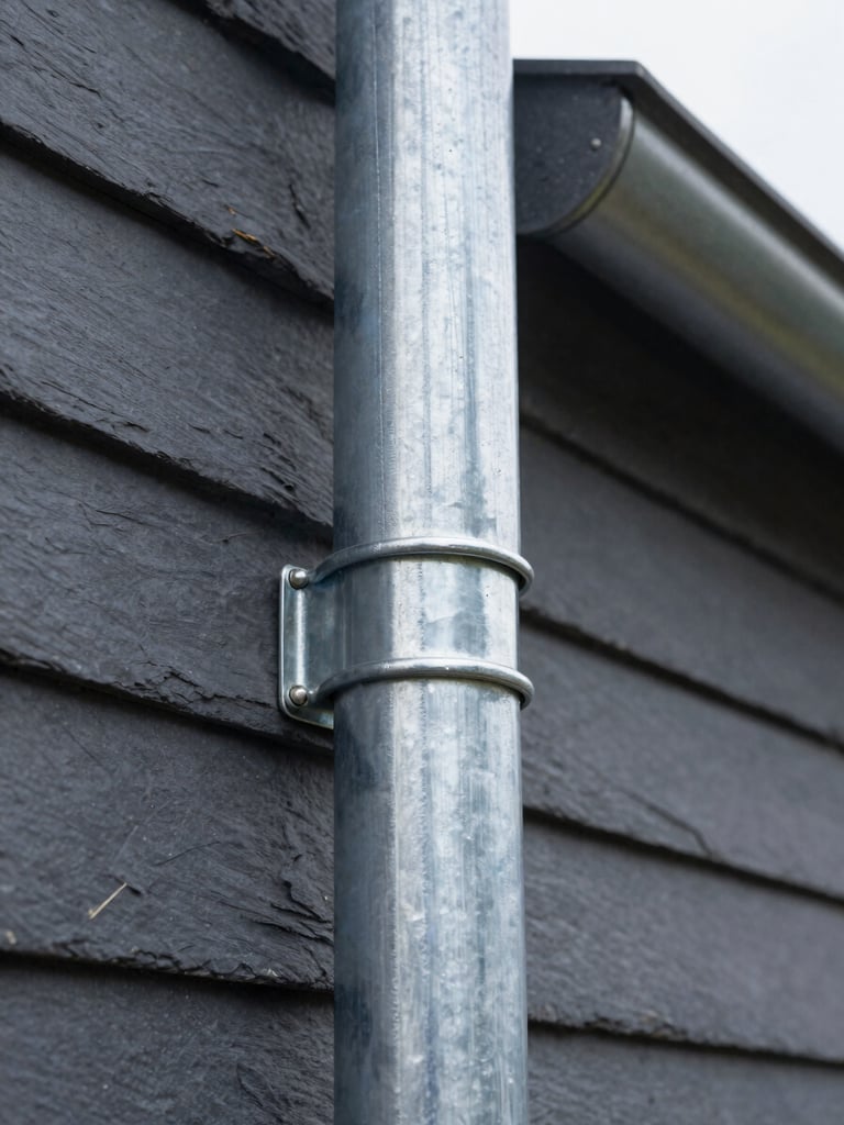 Tight macro shot of a hand-soldered zinc gutter joint, metallic texture, overcast daylight, sharp focus, 35mm lens