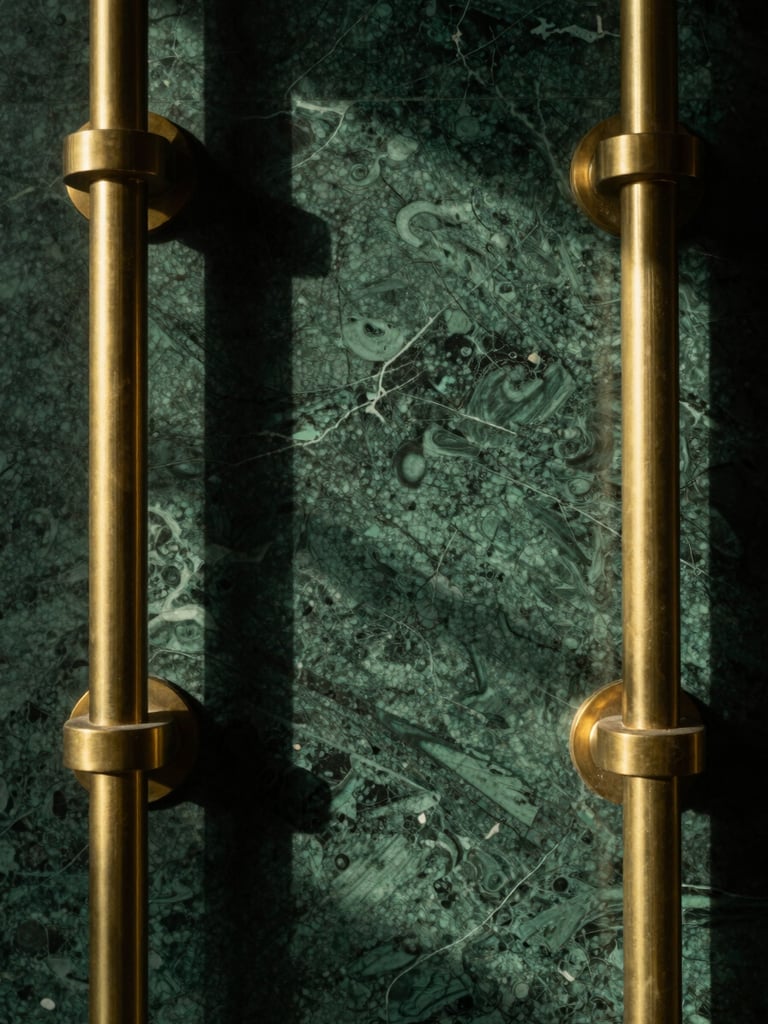 Macro photography of brushed brass fixtures against deep emerald green marble, warm directional lighting casting soft shadows, cinematic and highly detailed.