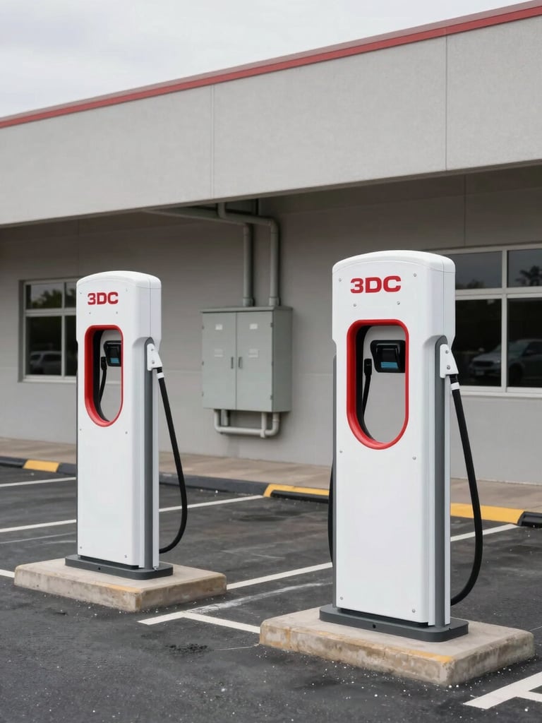 Wide environmental shot of a commercial parking structure, two Level 3 DC fast-charge pedestals in foreground, conduit runs visible along the wall to a utility cabinet, overcast outdoor light, no people