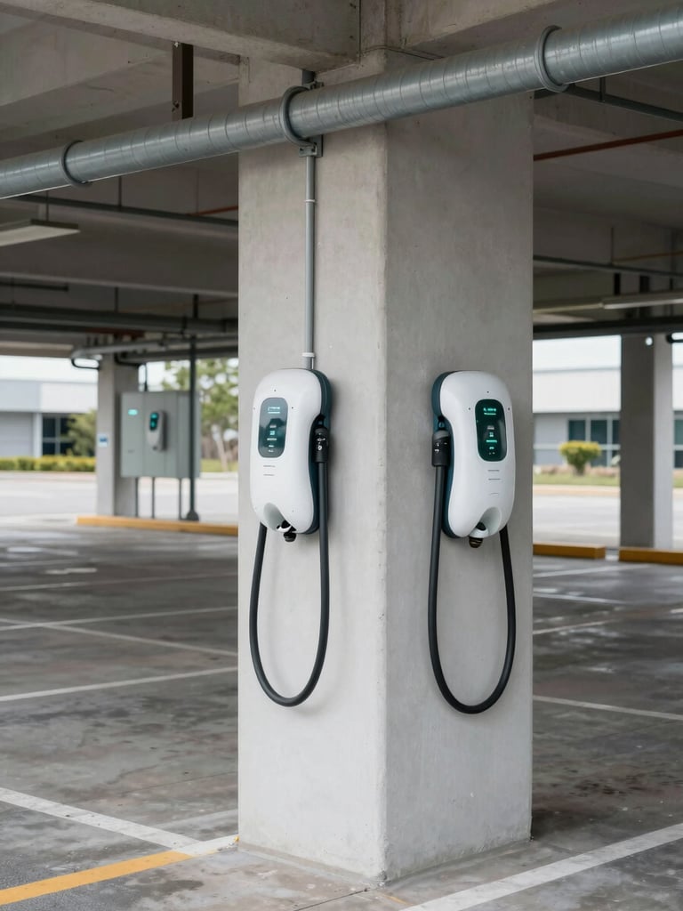 Wide environmental shot of a commercial parking structure, two wall-mounted Level 2 EV chargers installed side by side, conduit running overhead to a newly upgraded panel visible in the background, overcast daylight, empty bays showing full installation context