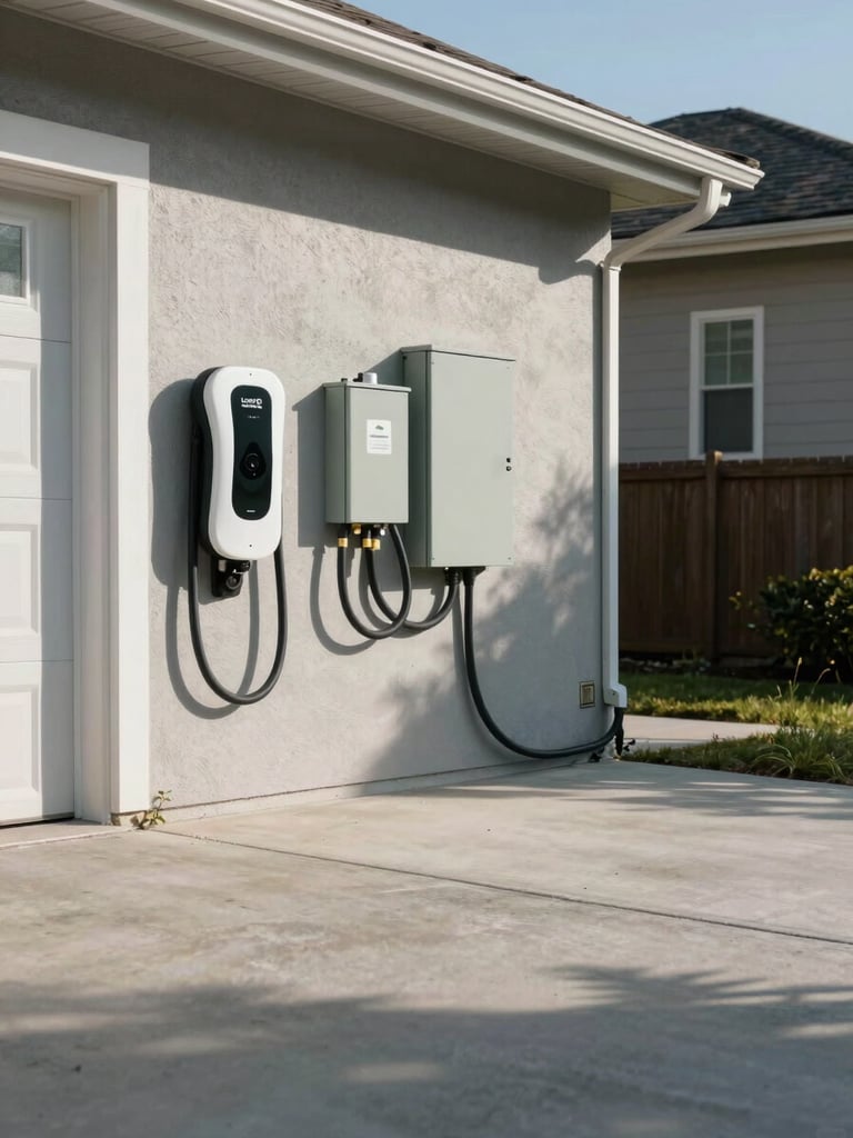 Wide environmental shot of a residential driveway, a Level 2 EV charger freshly mounted on a garage wall to the left, electrical conduit running cleanly to the panel, daylight casting hard shadows across gray concrete, full installation context visible