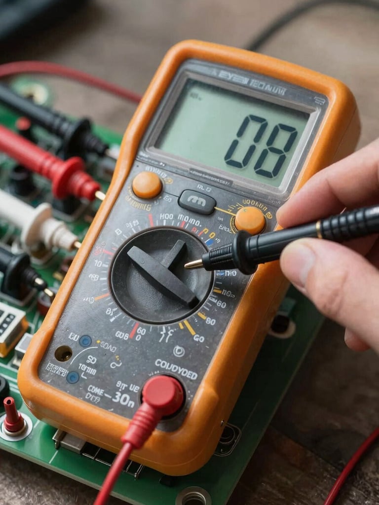A close-up of a technical digital multimeter measuring voltage on an open automatic gate control board, high-contrast California daylight, focus on the probe tips.
