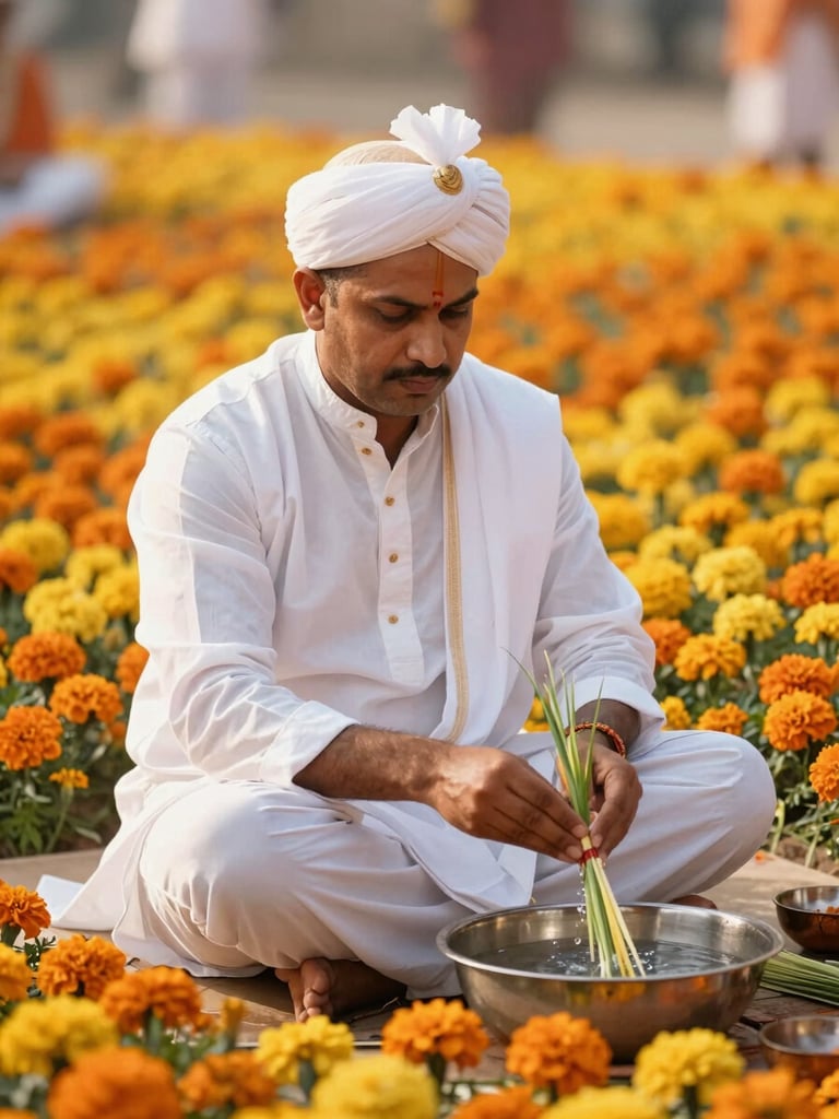 A hereditary Purohit in traditional white attire performing Vedic rituals with water and darbha grass under warm morning sunlight, shallow depth of field, warm editorial photography