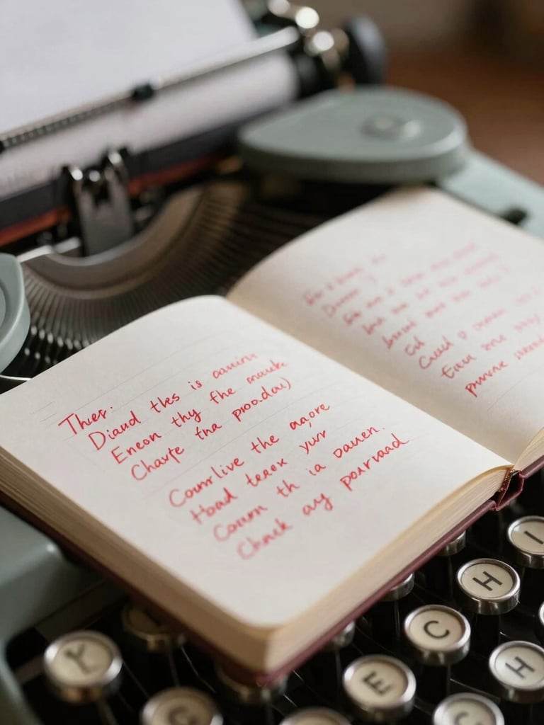 Close-up of heavily annotated script margins with red ink, vintage typewriter keys visible in soft focus, low-key lighting.