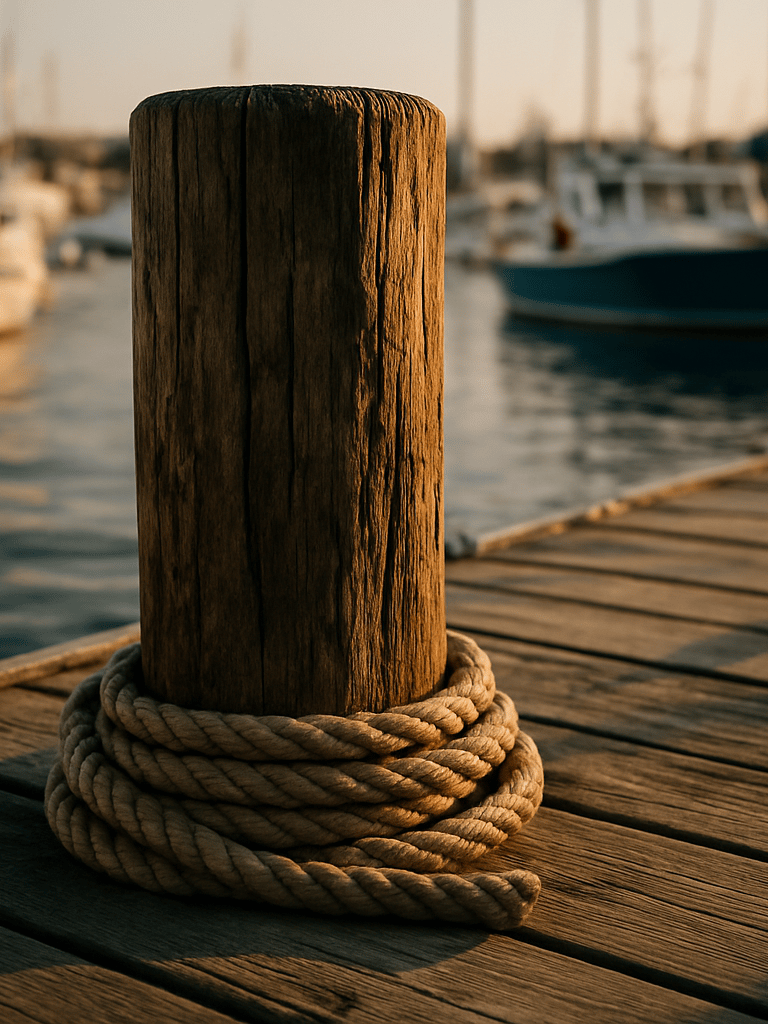 Close-up of a weathered wooden dock post at Capbreton port, late afternoon light casting long shadows across the planks, rope coiled at the base, shallow depth of field with harbor boats softly blurred behind