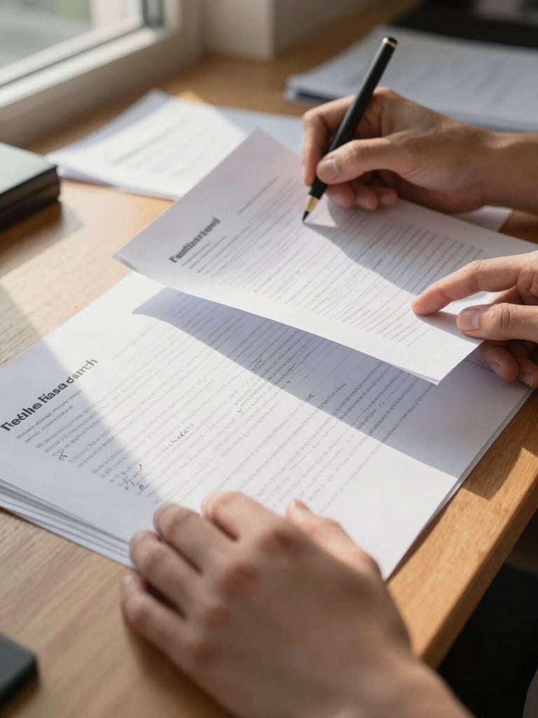 Close-up of hands spreading out printed field research documents and handwritten notes on a wooden table, natural window light raking across the papers, depth of field blurring the background workspace