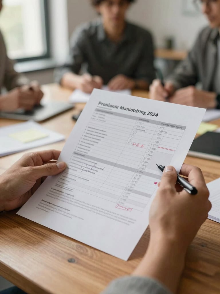 Close-up of two hands holding a printed project monitoring report over a wooden table, annotated with pen marks and sticky notes, warm natural window light from the left side, shallow depth of field with the background showing a blurred team discussion