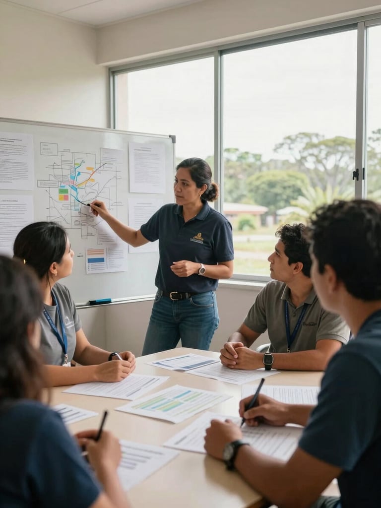 Wide environmental shot of a Latin American NGO workshop in progress—facilitator at a whiteboard covered in project maps, three participants leaning in around a table with printed data sheets, natural daylight from tall windows, depth of field pulling focus to the documents and hands mid-discussion, warm ambient light, no posed smiles