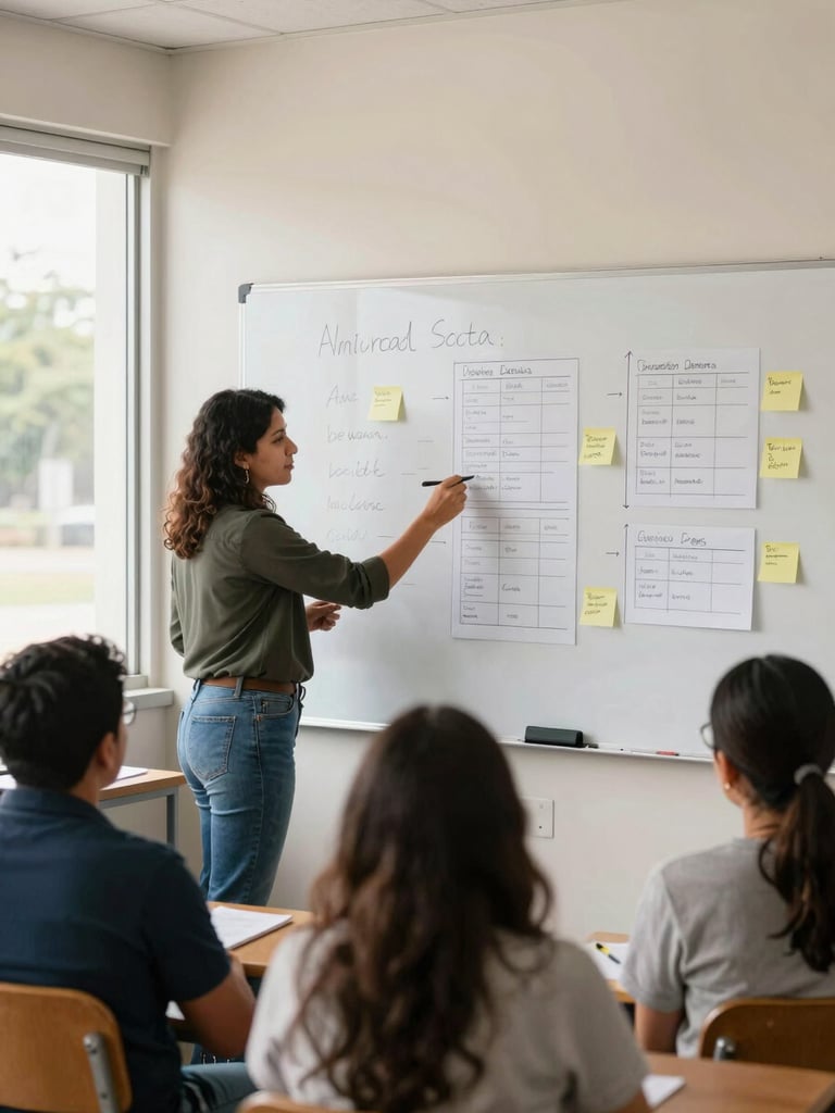 A facilitator standing beside a large whiteboard covered in sticky notes and evaluation frameworks during a participatory workshop in a bright Latin American community hall, participants visible in the foreground with backs to camera, natural daylight from side windows