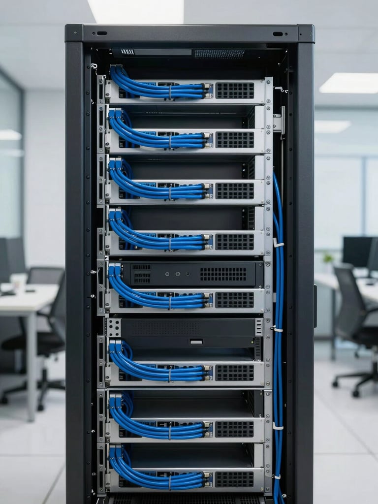 Straight-on high-detail shot of a neatly organized enterprise server rack with clean blue cabling, bright white office lighting, desaturated cool tones.