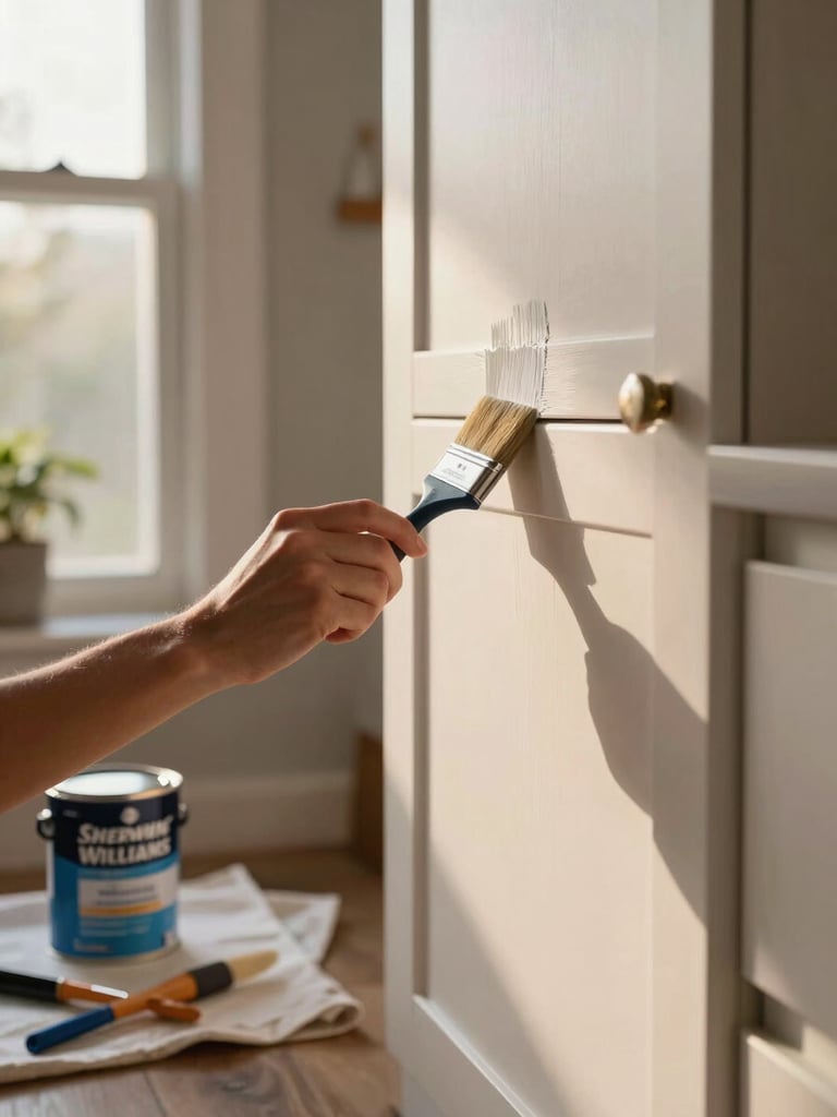 Wide environmental shot of a painter applying precise brush strokes along a cabinet door edge in a kitchen, natural golden morning light coming through a window to the left, tools and Sherwin-Williams paint can visible on a drop cloth, no people's faces visible — focus on the hands and the surface being worked