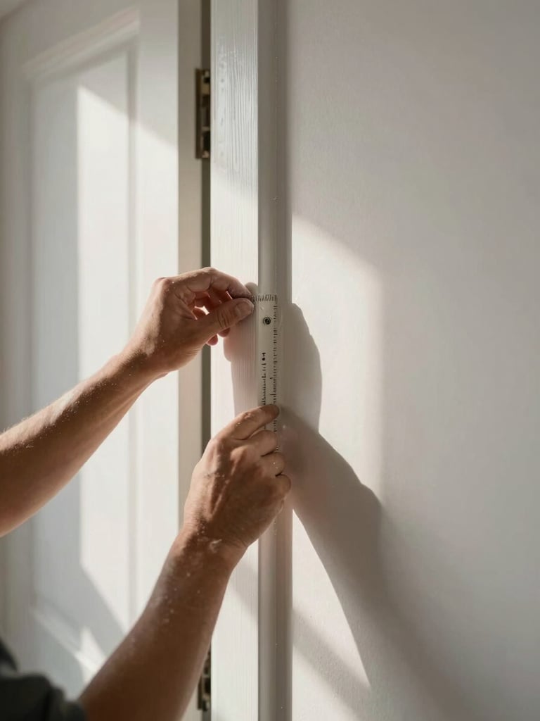 Close-up of a painter's hands carefully taping a door frame edge against a freshly primed wall, natural morning light raking across the surface to reveal texture, tools and tape visible in the foreground, wide editorial framing with generous wall space to the right