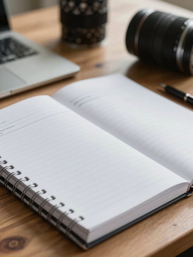 A close-up of physical study materials and a professional notebook on a wooden desk, soft natural daylight, shallow depth of field.