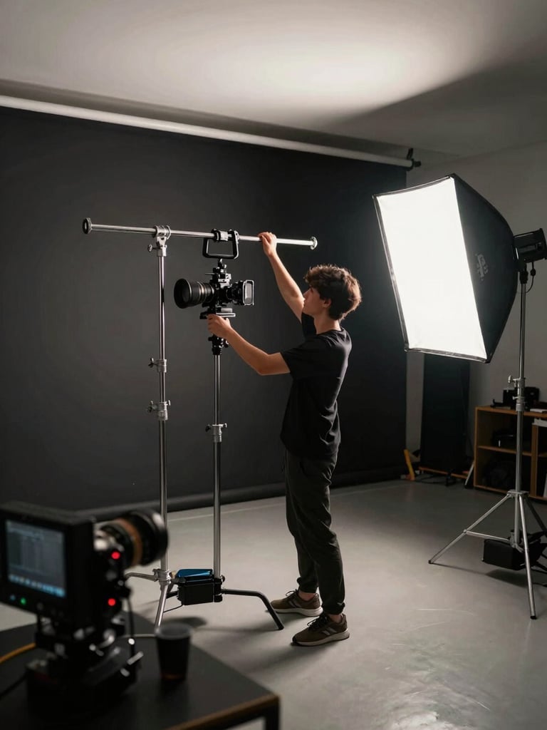 Wide angle shot of a cinematography studio lab — a student adjusting a professional lighting rig over a scene setup, dramatic side lighting, dark walls, equipment visible in foreground — active instruction moment