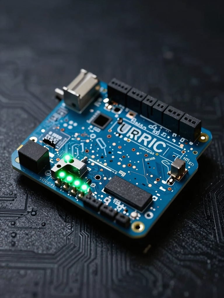 Macro overhead studio shot of an Arduino UNO controller board, green LED indicators glowing, high-contrast technical rim lighting, black circuit background.