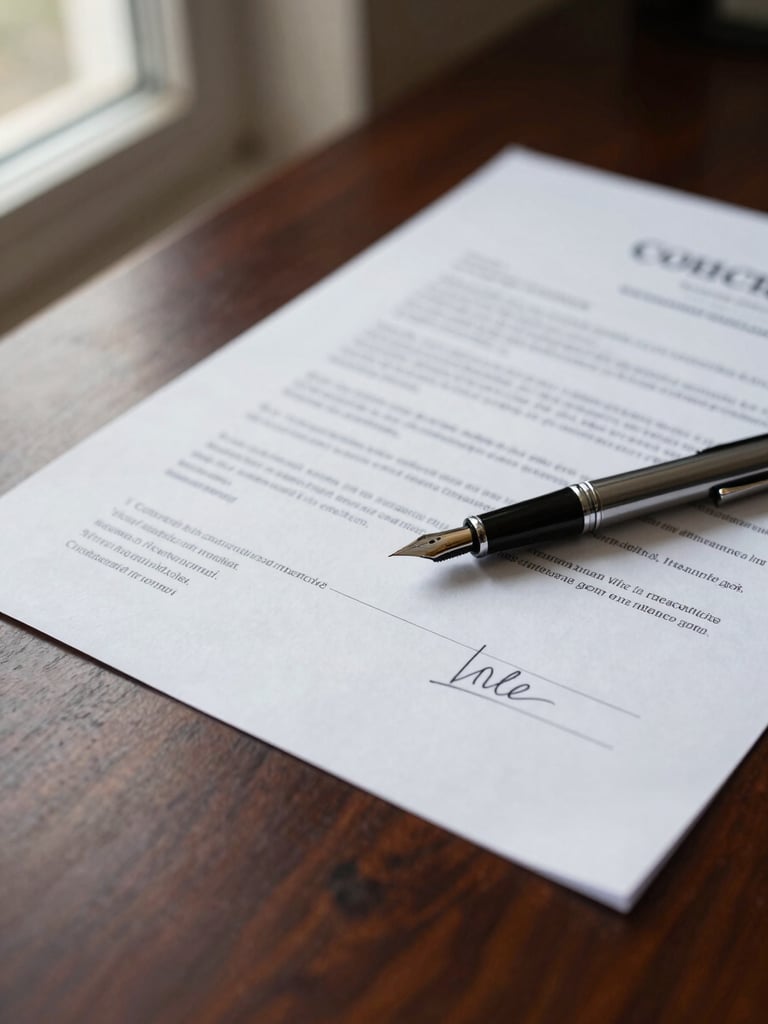 Overhead close-up of a financial contract on a dark mahogany desk, a fountain pen resting diagonally across the document, professional indoor lighting with neutral daylight from a window to the left, selective focus on the signature line, minimal surrounding elements