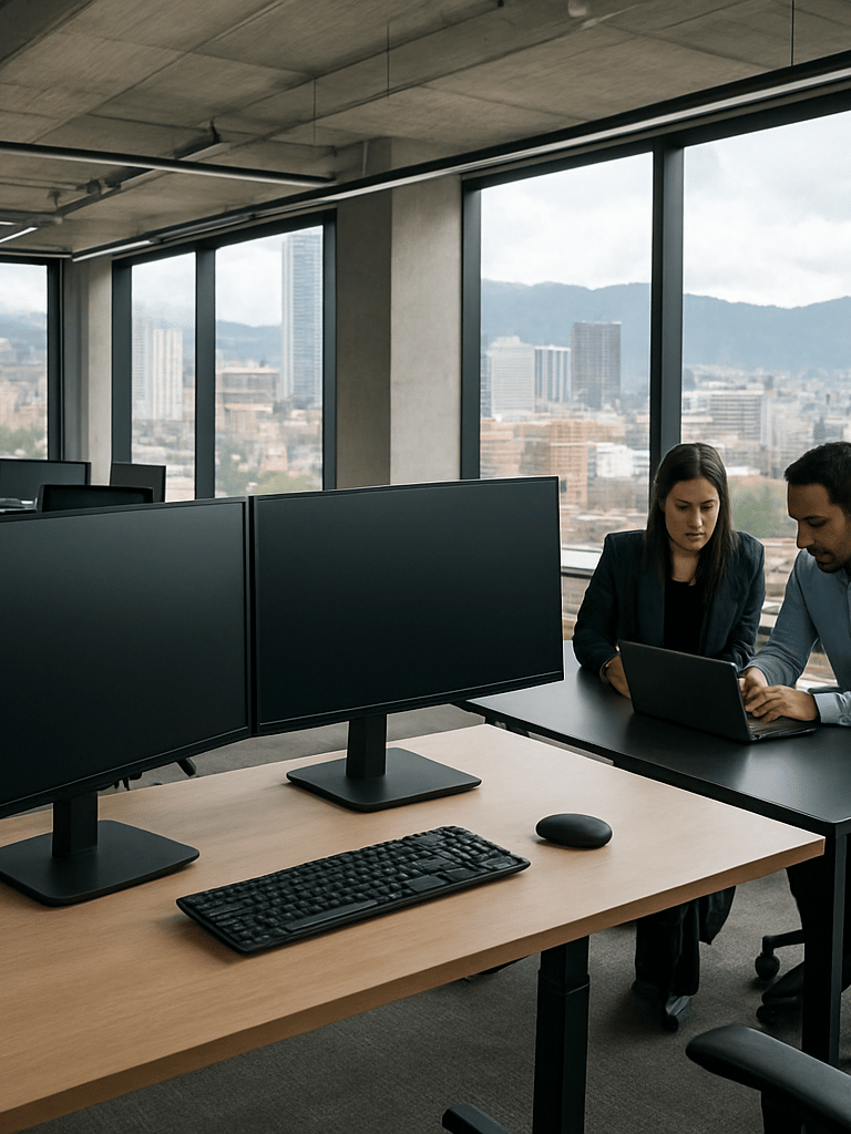 Wide environmental shot of a modern open-plan office in Bogotá, Colombia — three monitors on a standing desk in the foreground, a team of two collaborating over a laptop in the mid-ground, bright daylight through floor-to-ceiling windows, high contrast, sharp edges, no people smiling at camera