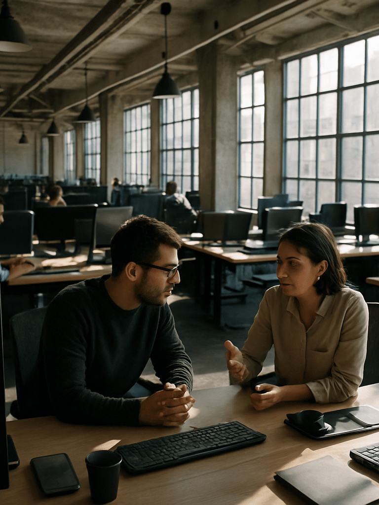 Wide environmental shot of a dense Bogotá office floor at noon — rows of desks with monitors, two team members in focused conversation, hard daylight through industrial windows, high contrast, no posed smiles, shot from slightly above at an angle