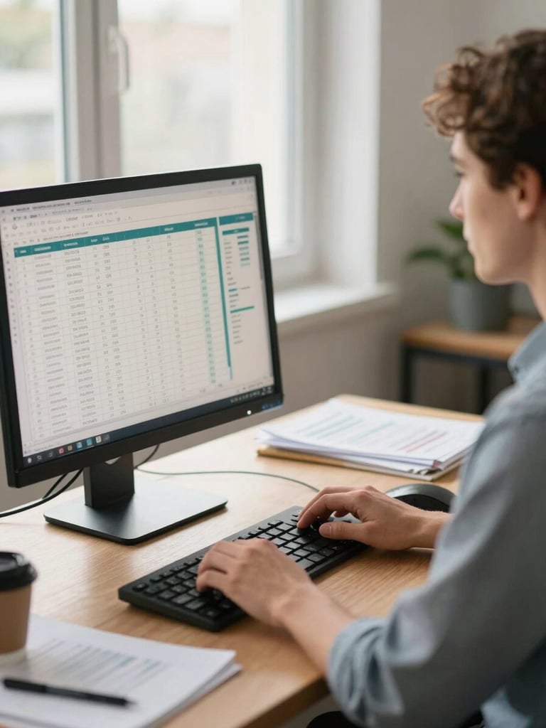 Medium shot from the right side of a small business owner at a desk, hands resting on a keyboard, a monitor displaying a spreadsheet and financial dashboard in the foreground, natural window light falling across the workspace, papers and a coffee mug visible on the desk surface, warm neutral office environment
