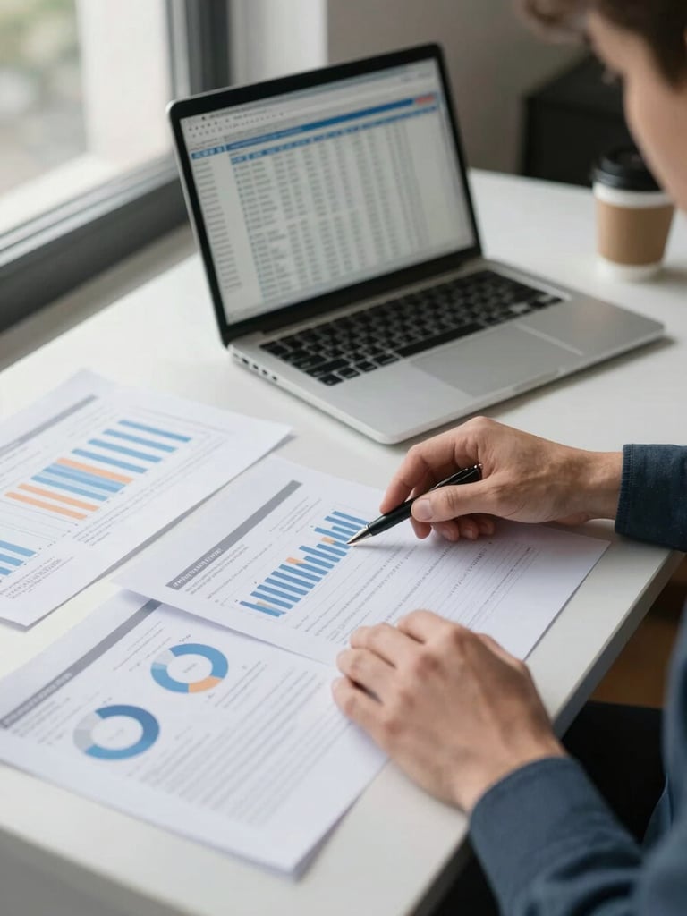 Medium shot of a founder at a desk reviewing printed financial reports, hands resting on paper, natural daylight from a window to the left, laptop open in background showing a spreadsheet, organized documents and a coffee cup on the desk surface