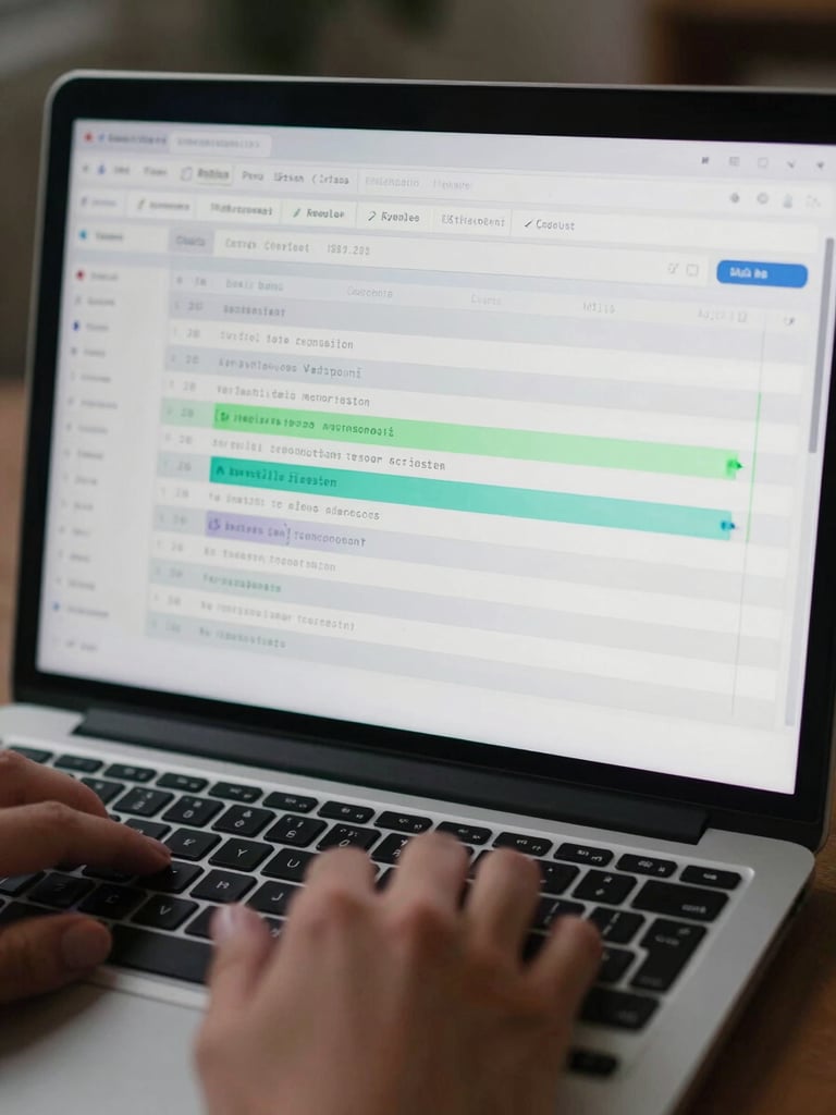 Close-up of a laptop screen displaying an automation workflow dashboard with categorized expense rows and conditional logic steps, soft studio lighting, hands resting on keyboard at the bottom edge of frame, no glare
