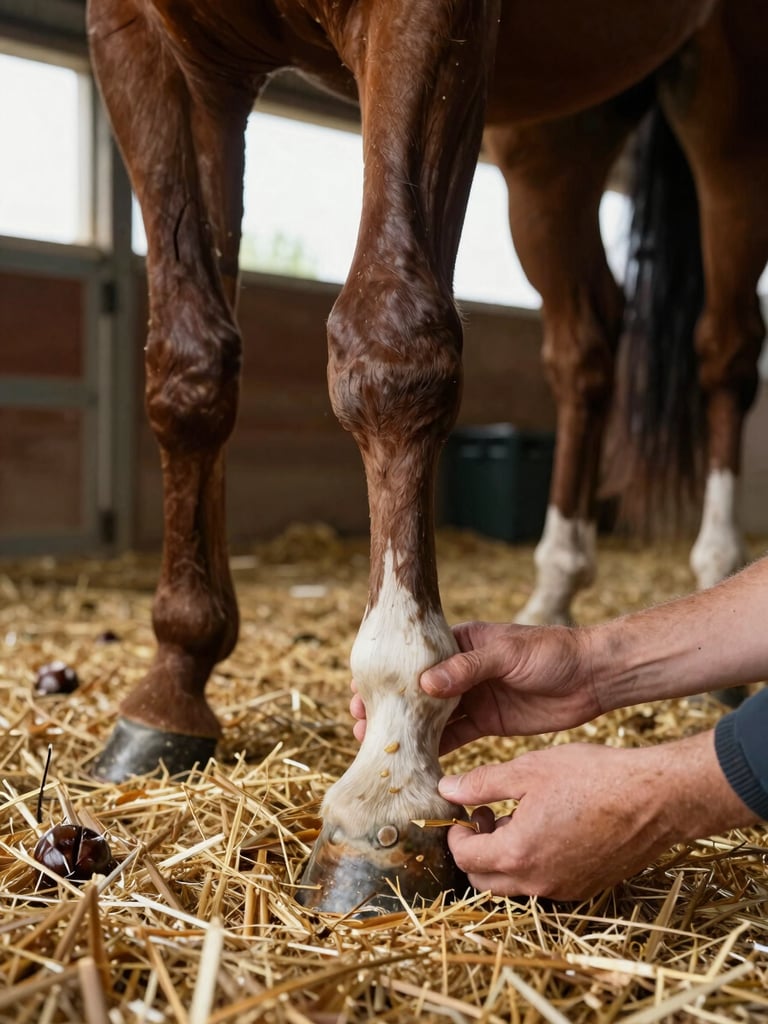 Detail documentary: two hands examining a chestnut horse's lower leg and hoof in a Dutch barn with open side doors, natural daylight streaming in, straw on the floor, working gear visible in background, no staging