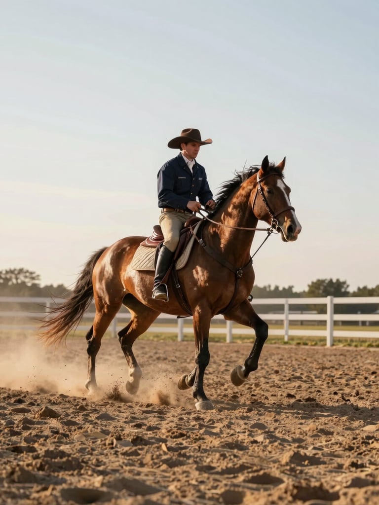 Wide documentary shot: rider working a bay horse through a loose-rein Western pattern in a Dutch sand arena at golden hour, dust rising at the horse's feet, fencing and open sky visible, candid mid-motion