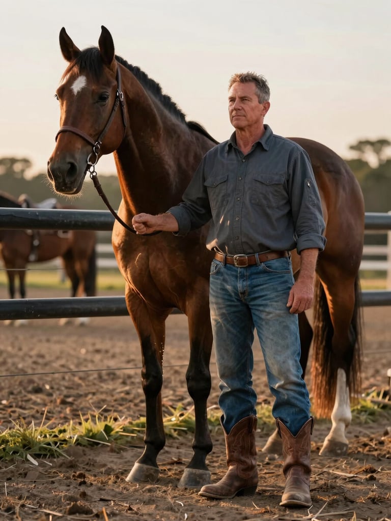 Close environmental portrait: a handler in worn Western boots and jeans standing beside a Quarter Horse in an open Dutch paddock, golden afternoon light raking across the horse's coat, tack visible on the fence rail behind them, working atmosphere, no pose