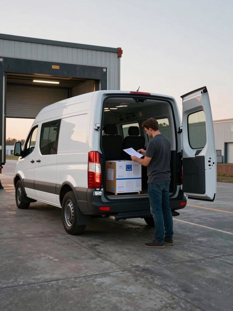 Wide environmental shot of a white Sprinter Van backed up to a loading dock in early morning overcast light, rear doors open, driver checking a temperature-controlled package against a paper manifest, concrete dock and metal roll-up door visible, no warm lighting