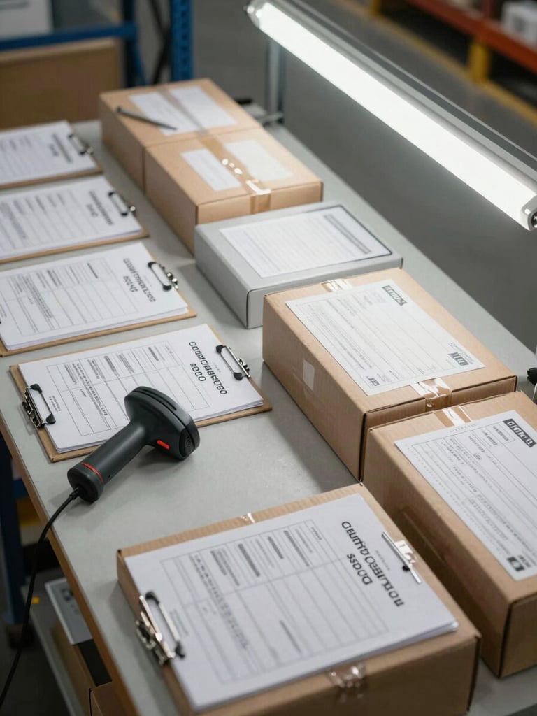 Overhead wide shot of a warehouse dispatch table, organized labeled shipment boxes with chain-of-custody forms clipped to each, a handheld scanner resting on the surface, fluorescent warehouse lighting from above, no people, clinical organization visible