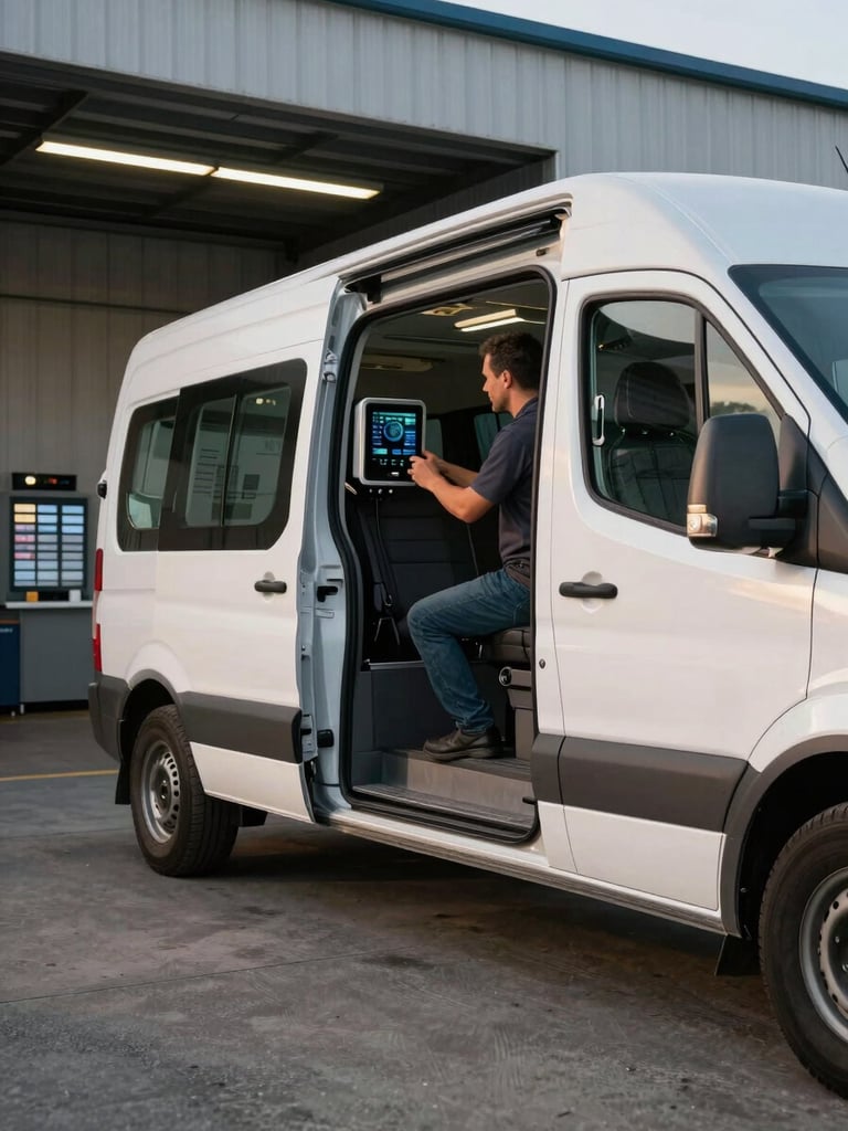 Wide shot of a Sprinter van being loaded at an industrial bay in early morning light, driver checking temperature monitor mounted inside the cargo door, dispatch board visible through the open facility doorway in the background