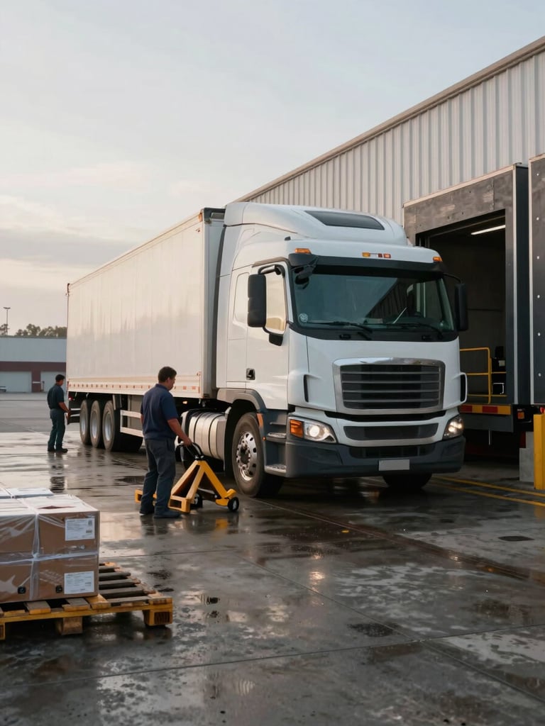 Medium-wide shot of a loading dock in overcast morning light, a single semi-truck backed into a dock door, dock workers moving freight on pallet jacks, concrete floor wet from overnight rain, industrial dock levelers visible, no staging or fill flash