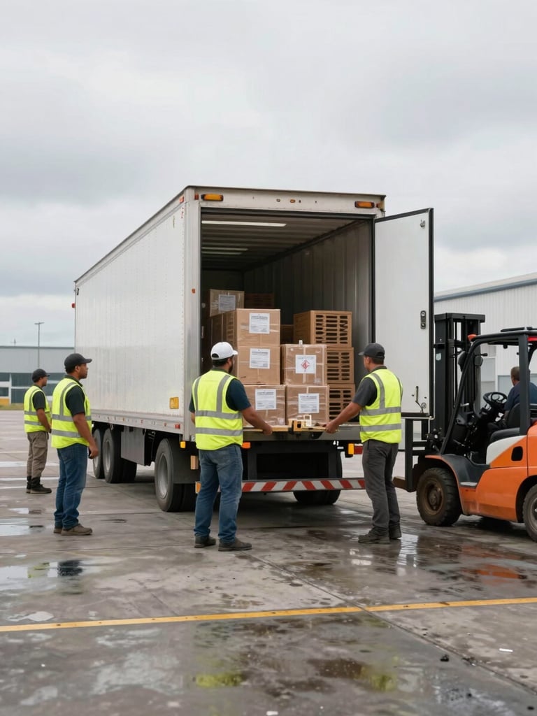 Medium shot of a loading dock at shift change, overcast daylight, a refrigerated trailer backed to the bay, dock workers in high-vis vests moving cargo, forklift visible in background — natural industrial light, no fill flash, slightly damp dock floor
