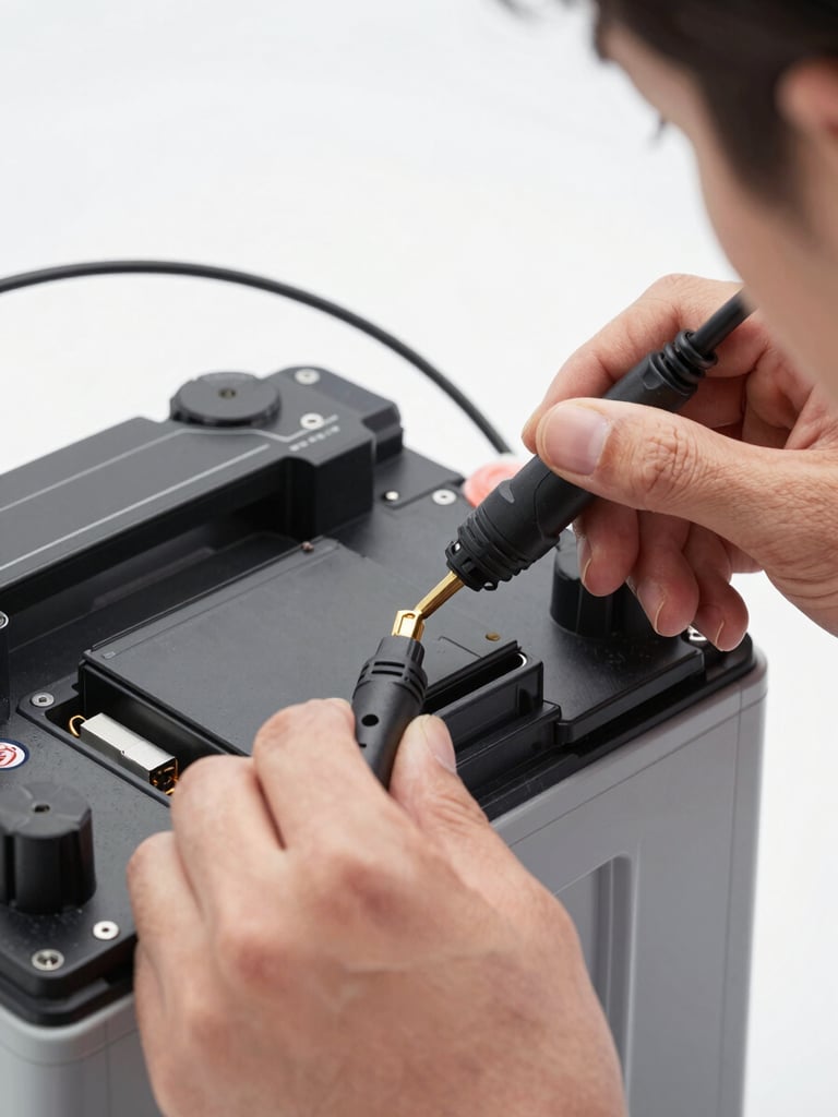 Extreme close-up of a technician's hands connecting a diagnostic probe to an EV battery terminal, bright studio lighting revealing component detail, cable connectors and cell housing in sharp focus, clinical white background behind