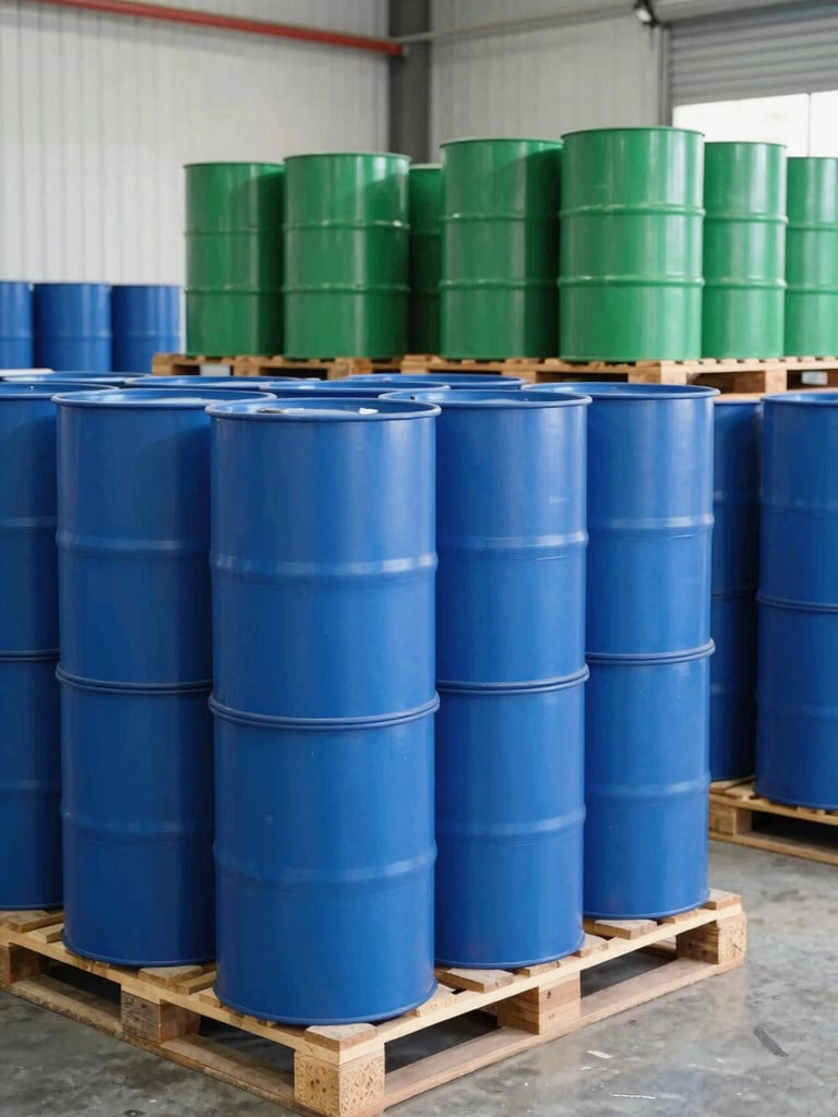 Crisp industrial photography of organized stacks of sorted blue plastic drums and pallets in a bright warehouse, clean composition, 35mm