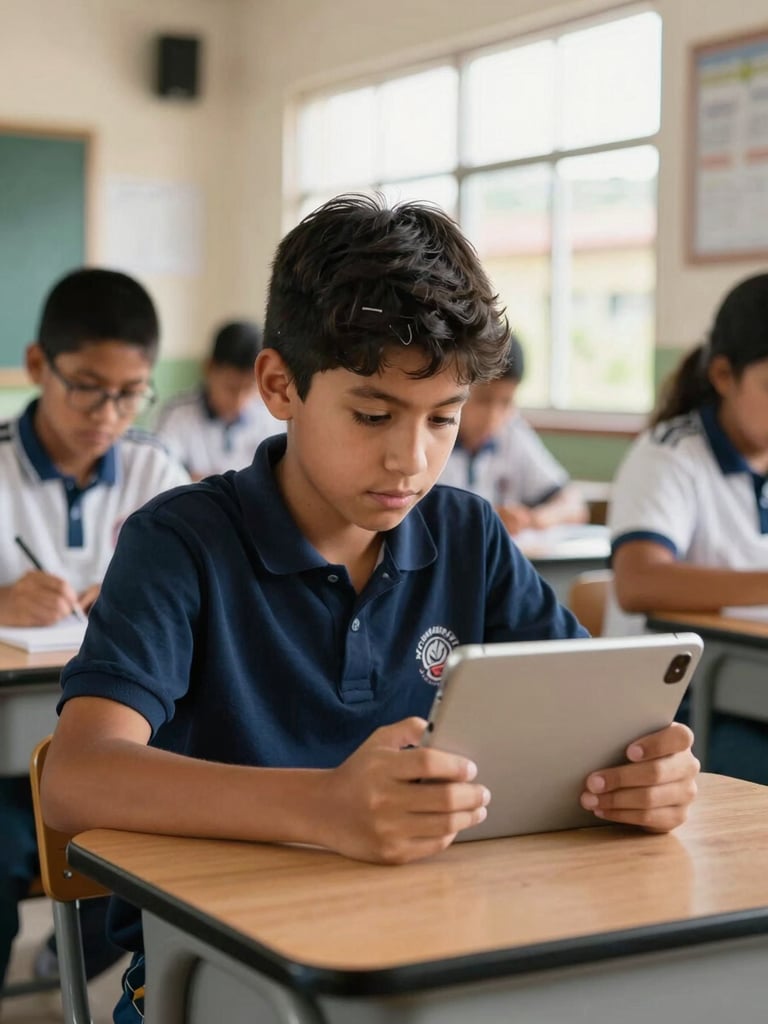 A focused student in Santa Cruz Cajamarca using a tablet in a bright classroom, natural highland light, 35mm lens