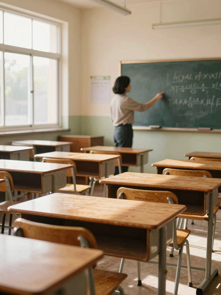 Authentic school environment, classroom interior with vintage wooden desks, natural light streaming through large windows, teacher explaining on blackboard, warm tones