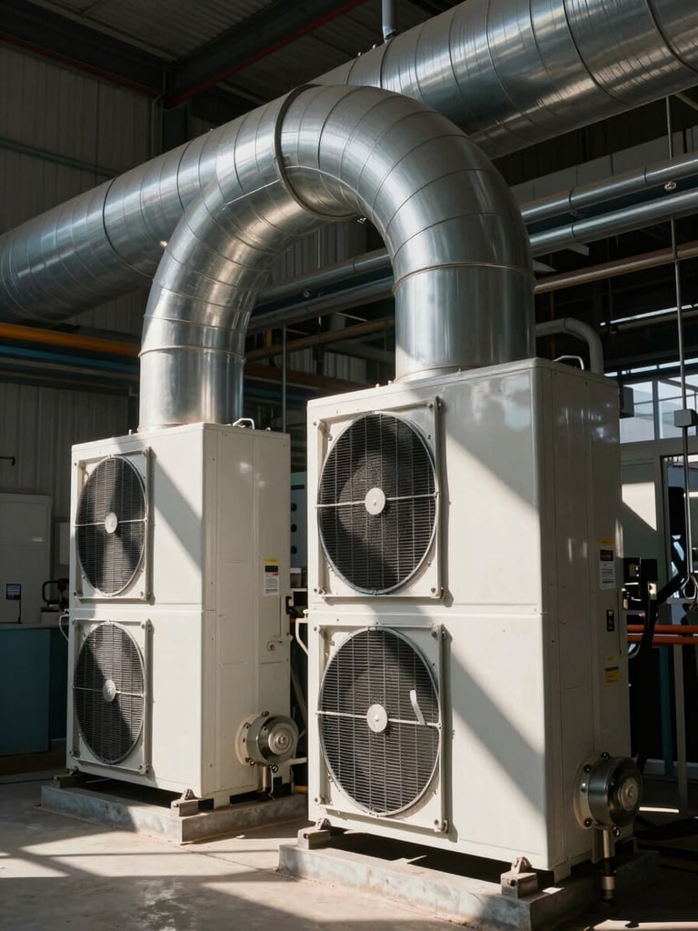 Massive air handling units and circular supply ducts in an industrial manufacturing plant, dramatic architectural shadows, high-contrast lighting.