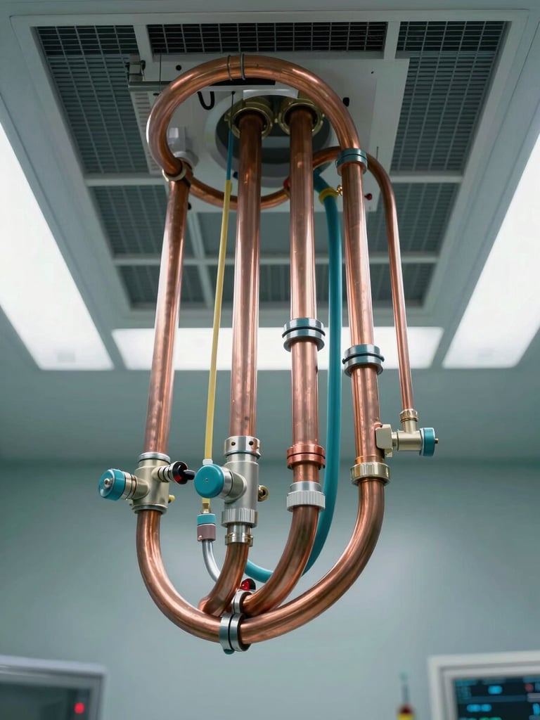 Exposed medical gas lines and color-coded copper piping routed above a surgical theater ceiling grid, precise orthographic framing, cool clinical lighting.