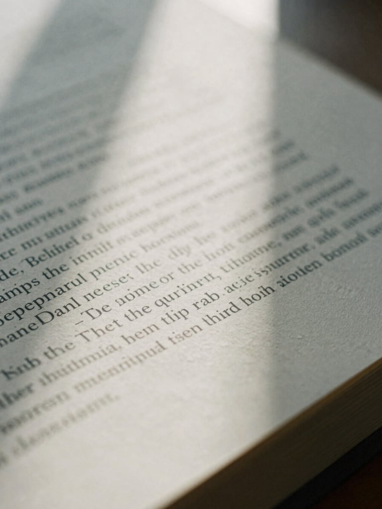 Macro close-up of textured deckled-edge book paper, soft shadows from diffused window light casting across elegant printed serif text, editorial 35mm photography