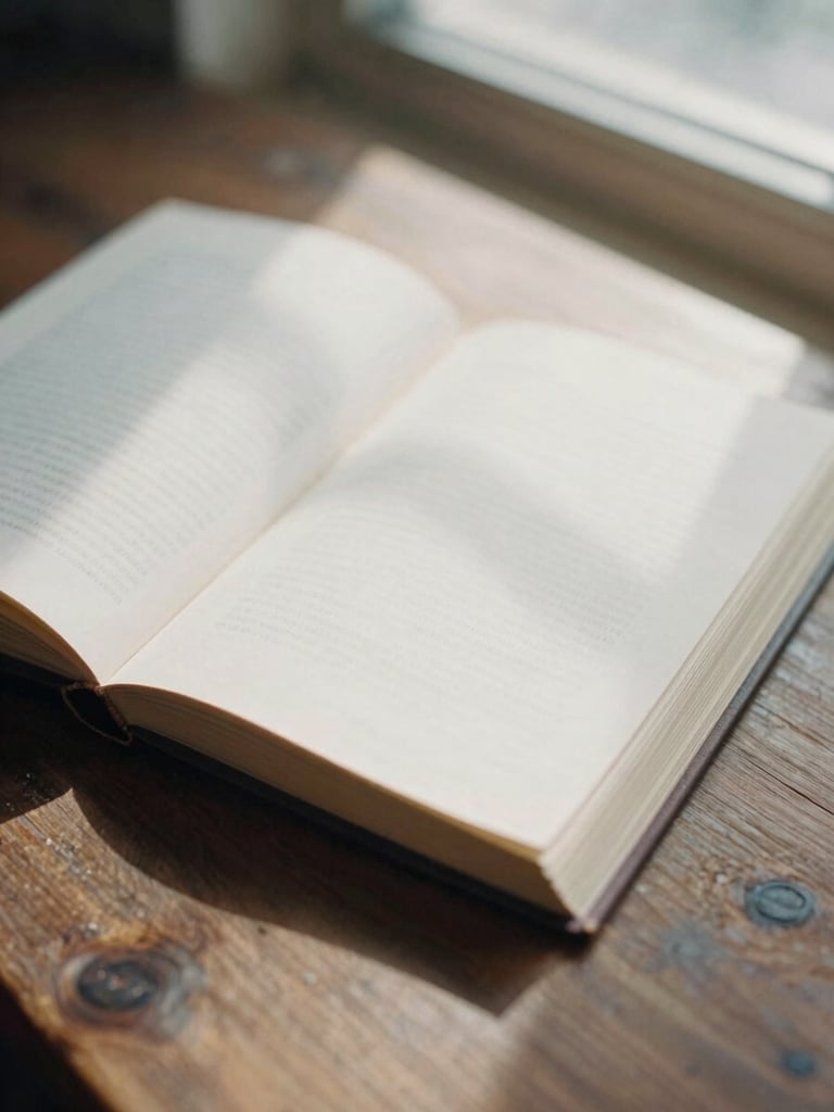 Editorial 35mm film photograph of a single open book resting on a rustic wooden table, soft window light casting long shadows across deckled-edge paper, warm muted tones, macro depth of field.
