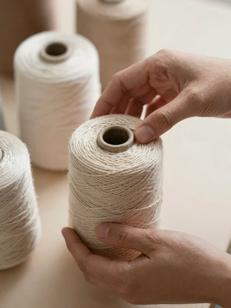 Hands carefully selecting natural cotton yarn spools in earth tones, soft shadows, warm editorial setting