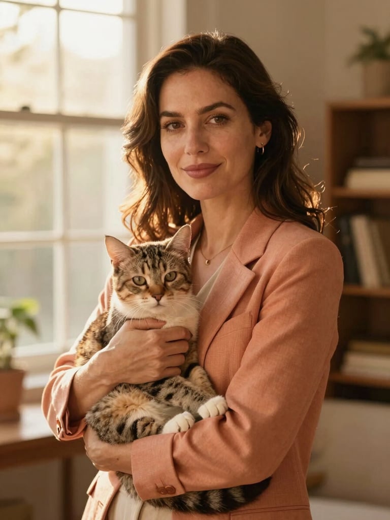 A professional, dignified portrait of a woman founder gently holding a calm cat, warm domestic sanctuary setting, natural golden hour lighting, 35mm
