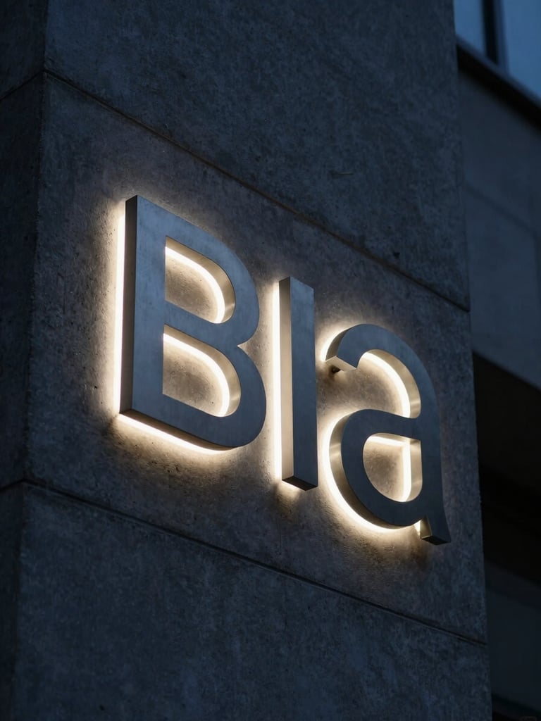 Close-up architectural detail of precision-fabricated illuminated channel letters mounted flush against a dark concrete facade, cold white LED light bleeding at the edges of each letterform, night setting, no people