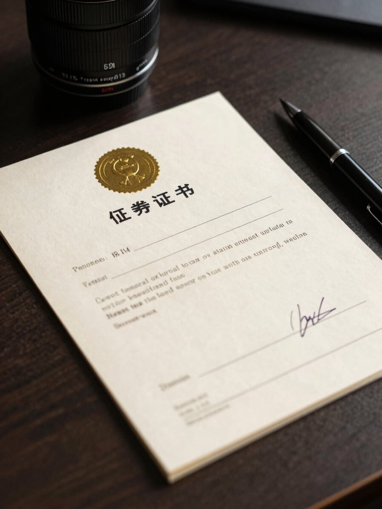 Close-up of a notarized securities certificate resting on a dark desk surface, official seal and signature lines visible but not legible, a single pen beside it, high-contrast north-facing daylight, no people