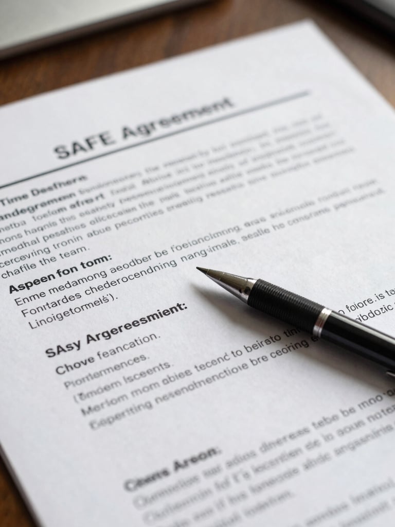 Close-up detail of a SAFE agreement term sheet on a desk, key clauses visible but not legible, a mechanical pencil resting on the page, sharp north-facing studio light casting clean shadows, no people