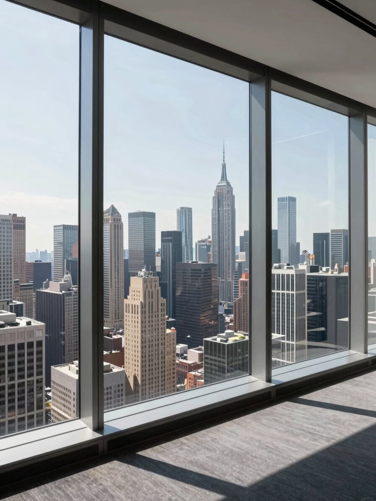 Wide panoramic view from inside a high-rise conference room, floor-to-ceiling glass overlooking a dense financial district skyline, Manhattan towers in the far distance, north-facing daylight casting clean sharp shadows on the window sill, no people, architectural precision
