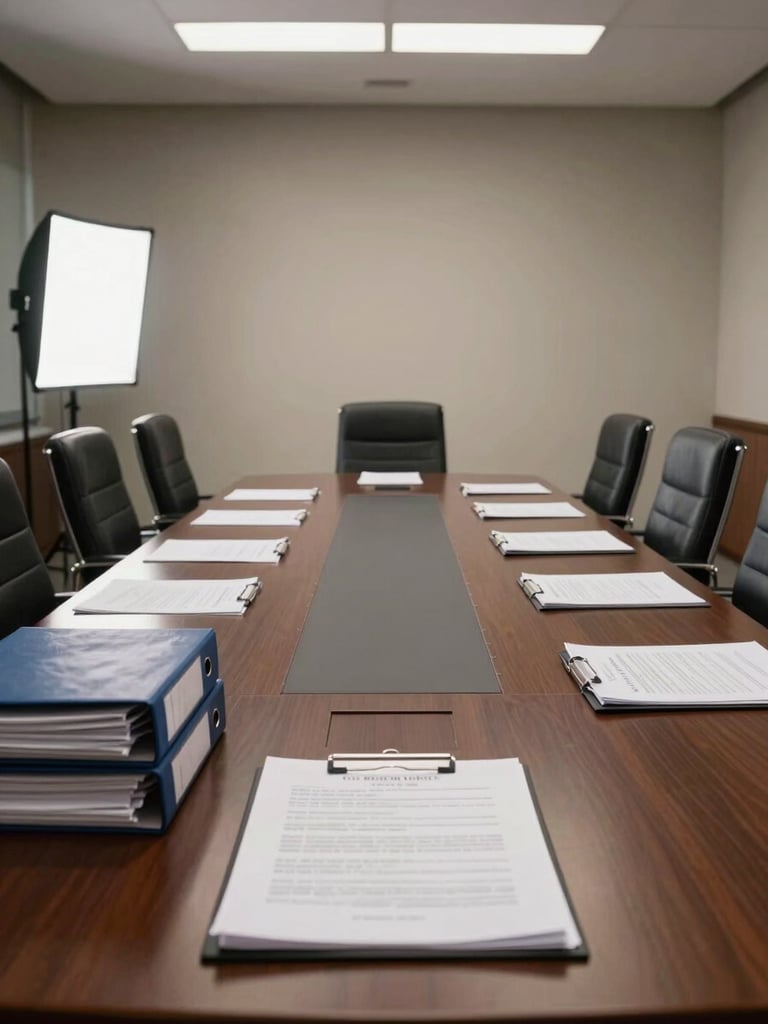 Panoramic shot of an empty deal room, a long conference table with legal binders stacked at one end, closing documents spread open, high-contrast studio strobe lighting from the left, clean shadows, no people present