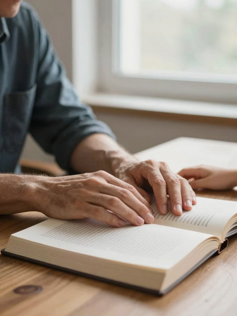 Close-up of a mentor's hands and a child's hands resting side by side on an open book, soft overcast north-facing window light, minimal wooden table surface, calm and unhurried atmosphere, faces out of frame.